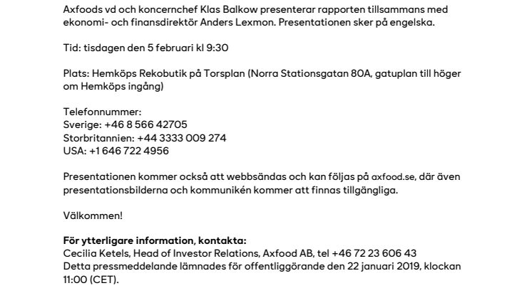 Inbjudan till presentation av Axfoods bokslutskommuniké 2018