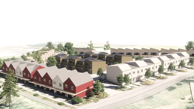 I kvarteret Kavalleriet planerar HSB och Eksjöhus Bostad för 48 radhus i två plan med varierande arkitektur. Bostäderna byggs av trä, både stomme och fasad. Bildkälla: Semrén & Månsson