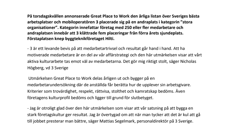 3 tog silver när Sveriges bästa arbetsplats korades
