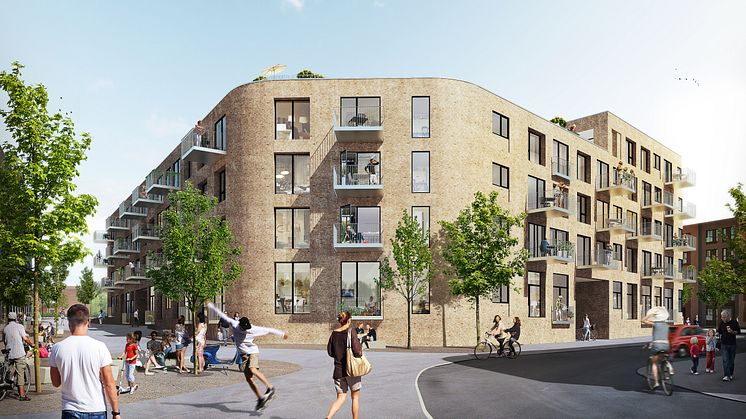 Det er Årstiderne Arkitekter, der har tegnet projektet, som består af 113 lejligheder om et stort fælles gårdrum 