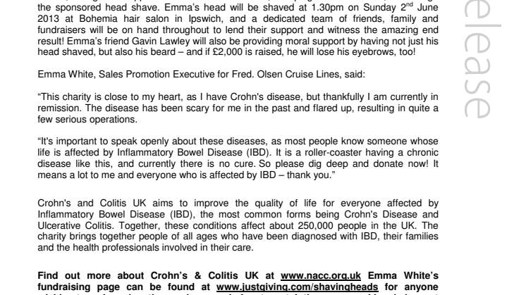 Fred. Olsen Cruise Lines’ Emma White to raise funds for  Crohn’s & Colitis UK through sponsored head shave 