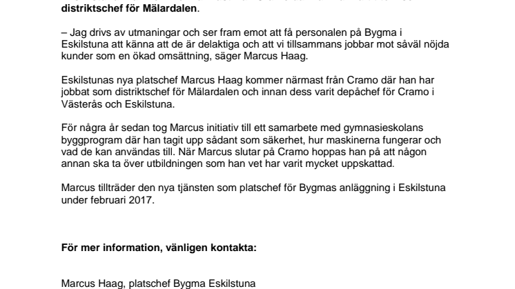 Bygma Eskilstuna får ny platschef