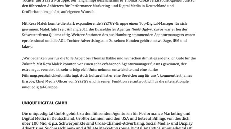 Reza Malek übernimmt Anfang 2016 als Geschäftsführer bei uniquedigital