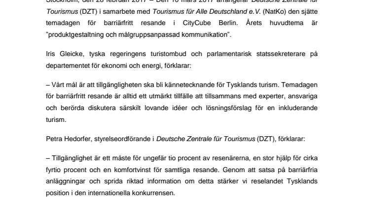 DZT organiserar sjätte temadag för barriärfritt resande den 10 mars 2017