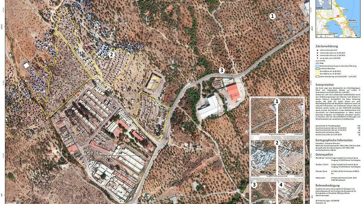 Lage- und Detailkarte für den Brand im Flüchtlingslager Moria, September 2020    (c) Bundesamt für Kartographie und Geodäsie)