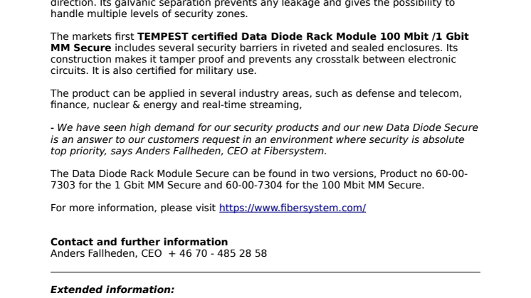 Fibersystem proudly presents Data Diode Rack Module Secure