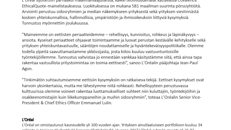 L'Oréal ykkönen Covalence-mainetutkimuksessa