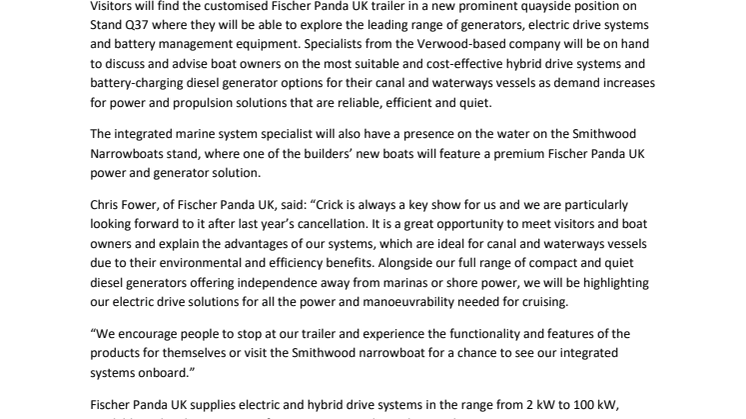 Fischer Panda UK Strengthens Presence at Crick Boat Show