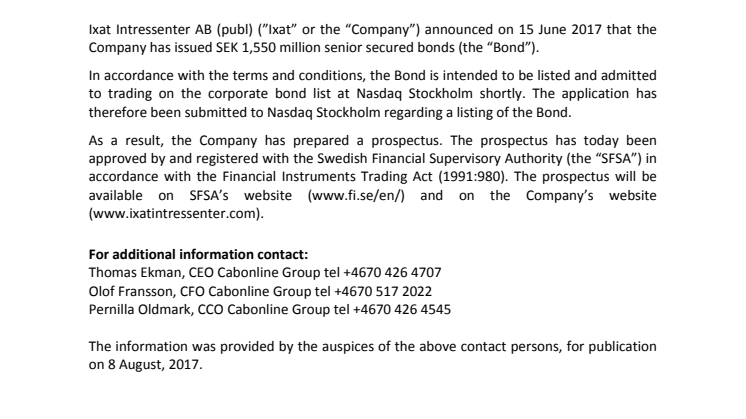 Ixat Intressenter AB (publ) publishes prospectus and prepares listing of bond at Nasdaq Stockholm