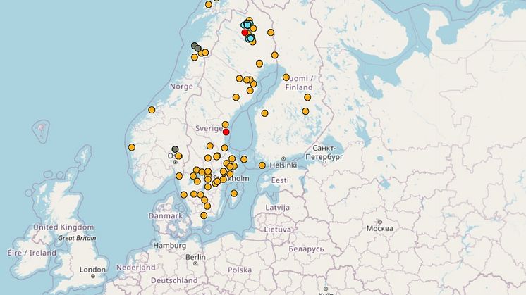 På kartan visas automatiskt detekterade seismiska händelser som bland annat jordskalv, gruvskalv, sprängningar i gruvor, bergtäkter och byggen.