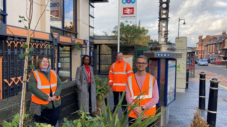 Pictured at Jewellery Quarter station (l-r): Gaynor Steele (station adopter), Ayannah Wilson (WMRE), Ian Taylor (West Midlands Railway) and Steve Lovell (JQ BID)