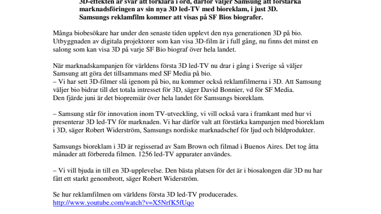Samsungs reklamfilm för 3D led-TV visas på bio