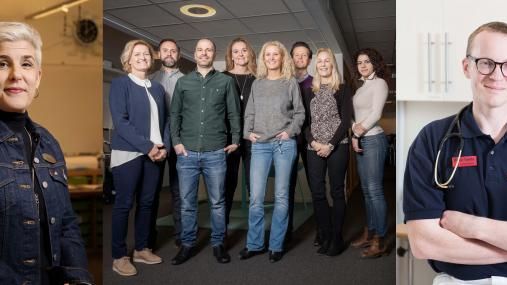 Eriksbergsskolans rektor Anna Pilebro, delar av Nackas robotiseringsteam och Petter Tuorda, verksamhetschef Cederkliniken 