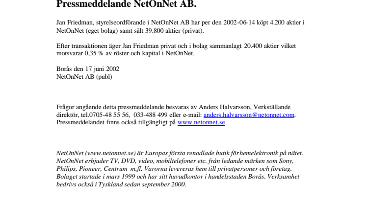 Pressmeddelande NetOnNet AB.