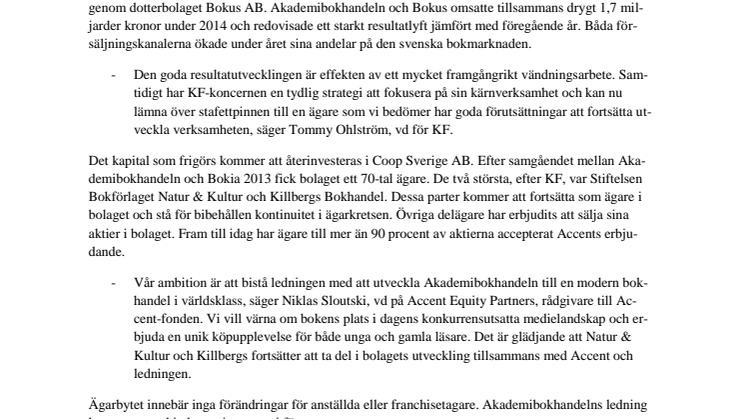 KF säljer sin ägarandel i Akademibokhandeln till Accent 