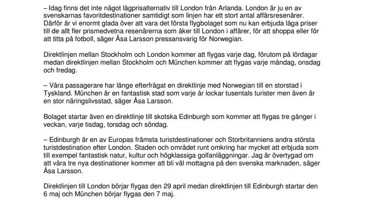 Norwegian startar direktlinjer till London, Edinburgh och München från Stockholm