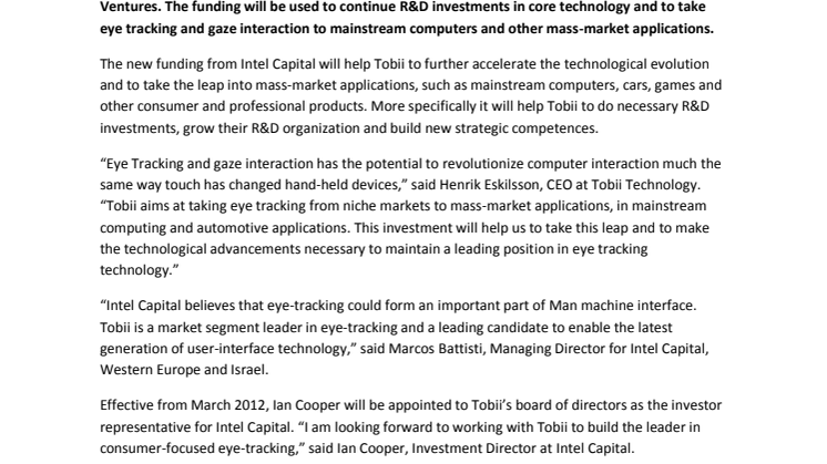 Tobii closes $21M funding round led by Intel Capital