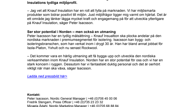 Peter Isacsson ny chef för Knauf Insulation Norden
