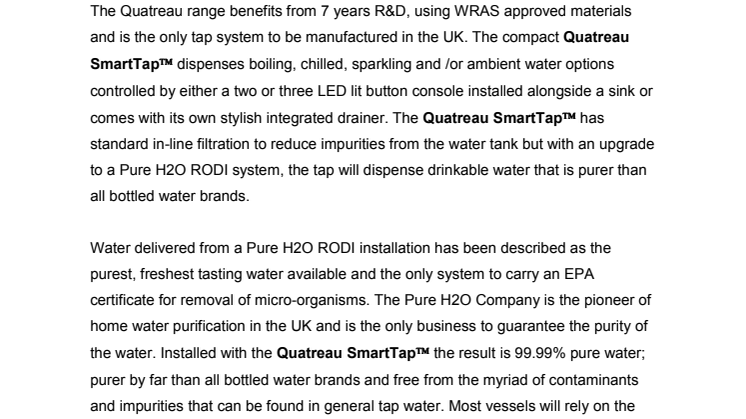 The Pure H2O Company Announces Launch of the New Quatreau SmartTap