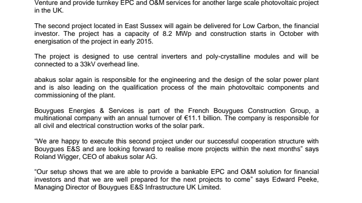 abakus BYes solar UK Limited signs further 8.2 MWp project in the UK as EPC and O&M provider