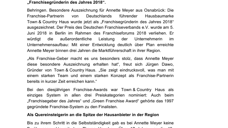Franchisegründer-Preis 2018 für Annette Meyer von Town & Country Haus 