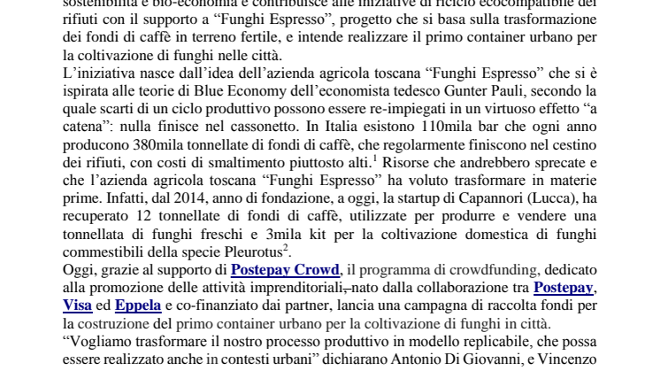  Postepay Crowd contribuisce all’economia ecosostenibile  con il supporto al progetto “Funghi Espresso”