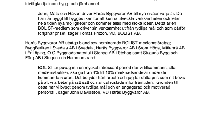 HARÅS BYGGVAROR AB ÅRETS BOLIST-MEDLEM PÅ BOLIST-GALAN