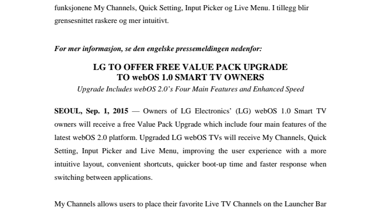 LG OPPDATERER ELDRE SMART-TV-MODELLER MED SISTE VERSJON AV WEBOS
