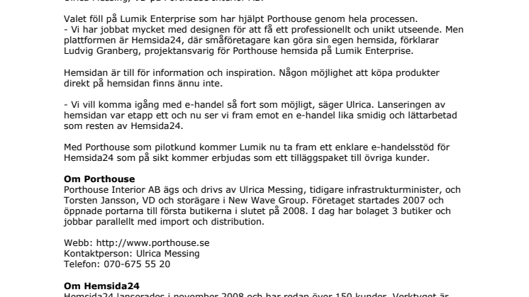 Ulrica Messings Porthouse lanserar ny hemsida med Hemsida24