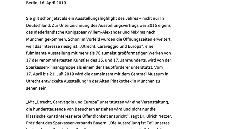 Sparkassen-Finanzgruppe fördert Ausstellung „Utrecht, Caravaggio und Europa“ in München