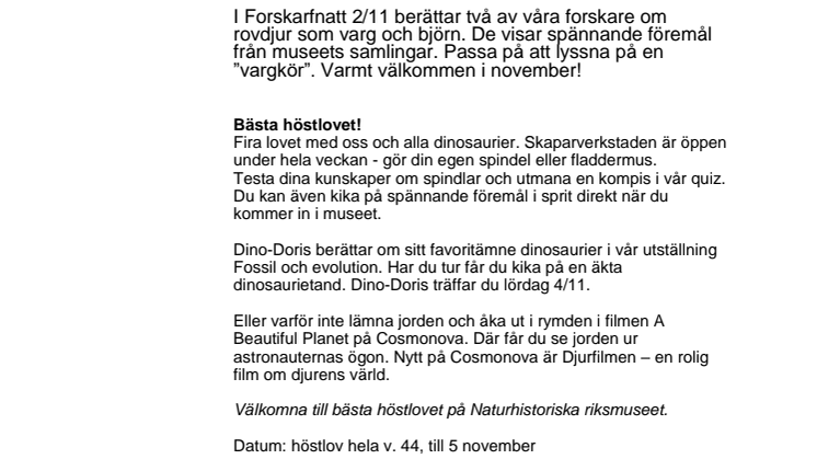 Det händer på Naturhistoriska riksmuseet i november