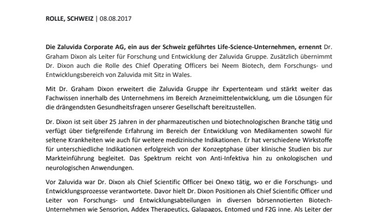 Dr. Graham Dixon ist neuer Leiter für Forschung und Entwicklung der Zaluvida Gruppe und Chief Operating Officer von Neem Biotech
