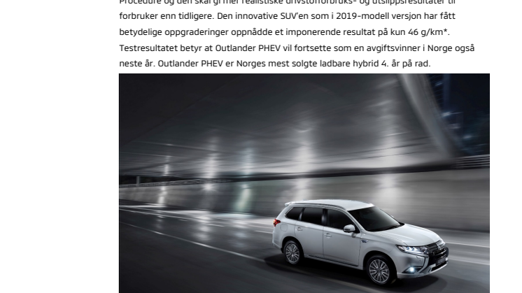 Mitsubishi Outlander PHEV med 46 g/km CO2-utslipp i ny og strengere utslippstest (WLTP)