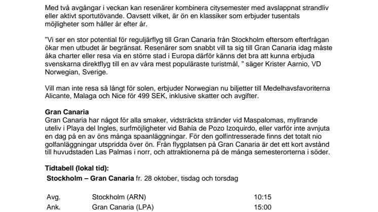 Flyg direkt till Gran Canaria med Norwegian
