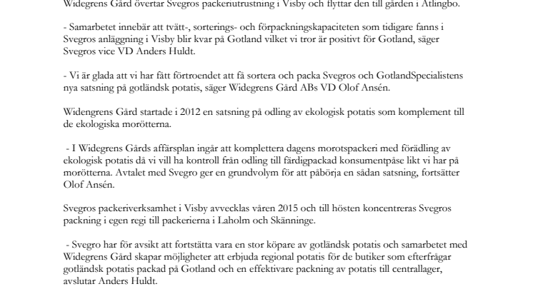 Pressmeddelande tis 31 mars 2015 Widegrens Gård AB  Svegro AB