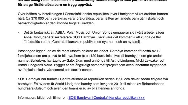 ABBA, Polar Music och Union Songs ingår samarbete med SOS Barnbyar