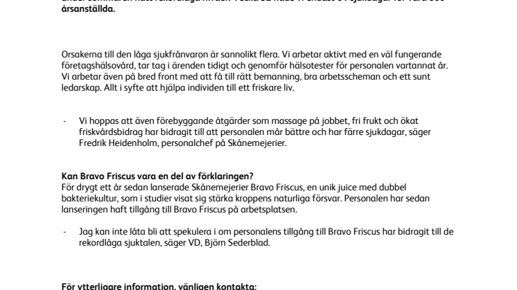 Rekordlåg sjukfrånvaro på Skånemejerier