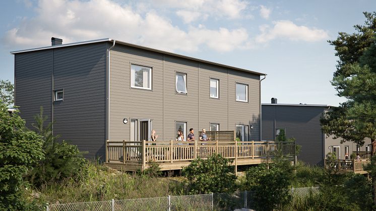 Illustration av baksida, med generösa altaner med vacker utsikt, BoKlok Sälgen i Strömstad. 