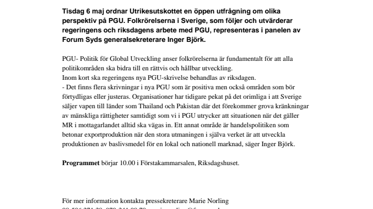 Forum Syd deltar i Utrikesutskottets öppna utfrågning om PGU