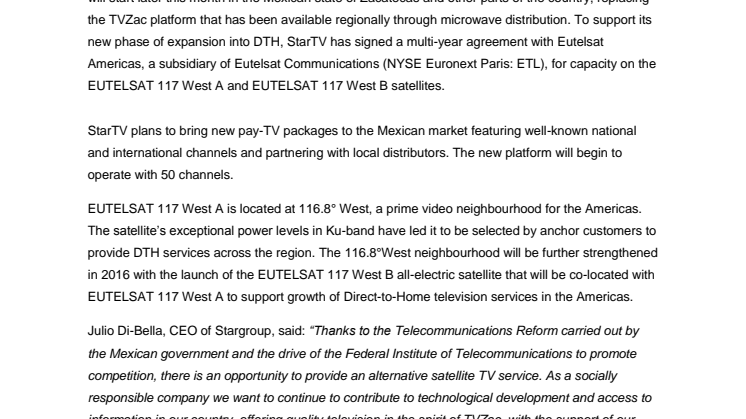 StarTV selects Eutelsat for new pay-TV venture in Mexico 