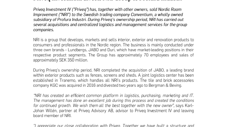 Priveq Investment divests NRI Group to Profura Industri