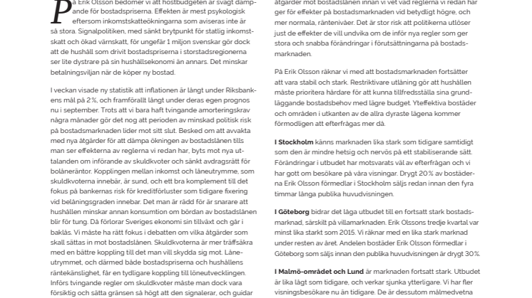 Erik Olsson Fastighetsförmedling kommenterar bostadsmarknaden 14 oktober 2016