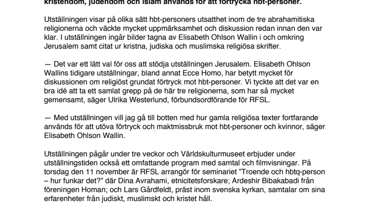 RFSL stöder Elisabeth Ohlson Wallins utställning Jerusalem