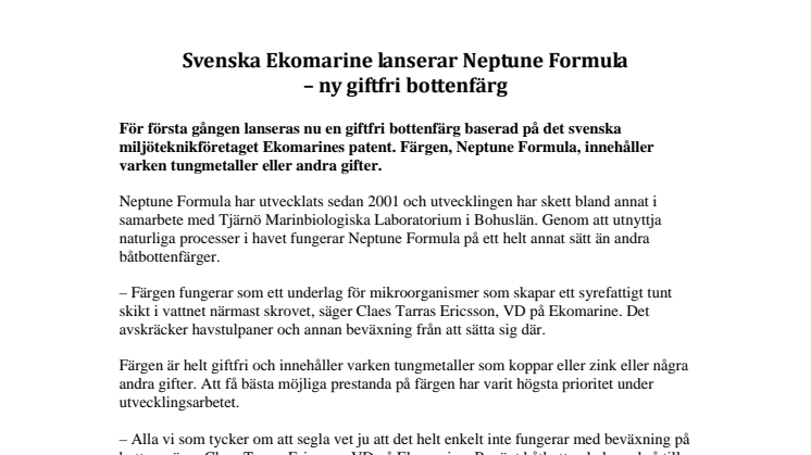 Svenska Ekomarine lanserar Neptune Formula – ny giftfri bottenfärg