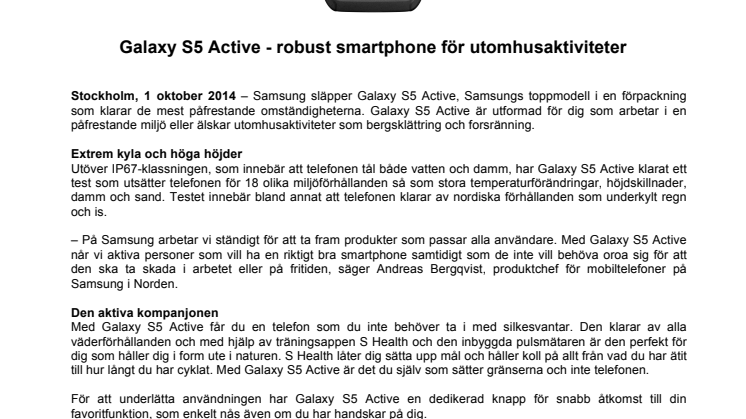 Galaxy S5 Active - robust smartphone för utomhusaktiviteter 
