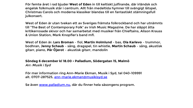 West of Eden – Celtic Christmas  Julstämning på Palladium 6 december