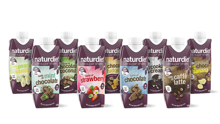 Naturdiet Shakes i ny design som lanseras hösten 2019. Alla shakes är klassade som Low Sugar, med extra lågt sockerinnehåll.