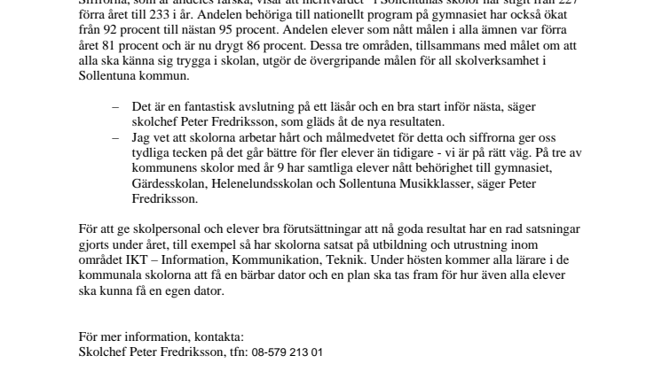 Betygen allt bättre i Sollentunas skolor
