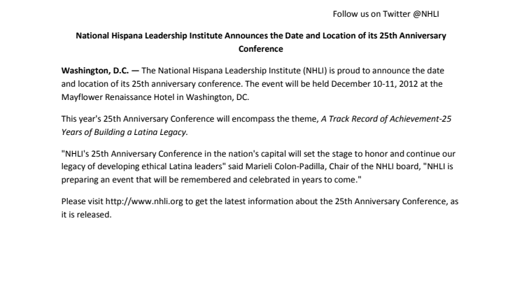 National Hispana Leadership Institute Announces the Date and Location of its 25th Anniversary Conference