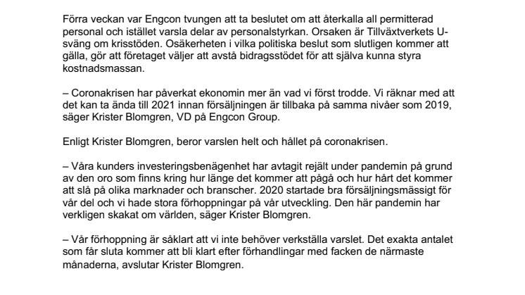 Oklara besked från Tillväxtverket tvingar Engcon till varsel i Strömsund 